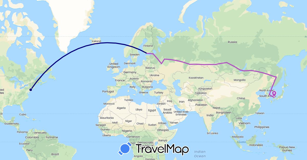 TravelMap itinerary: driving, plane, train in Finland, Japan, South Korea, Russia, United States (Asia, Europe, North America)